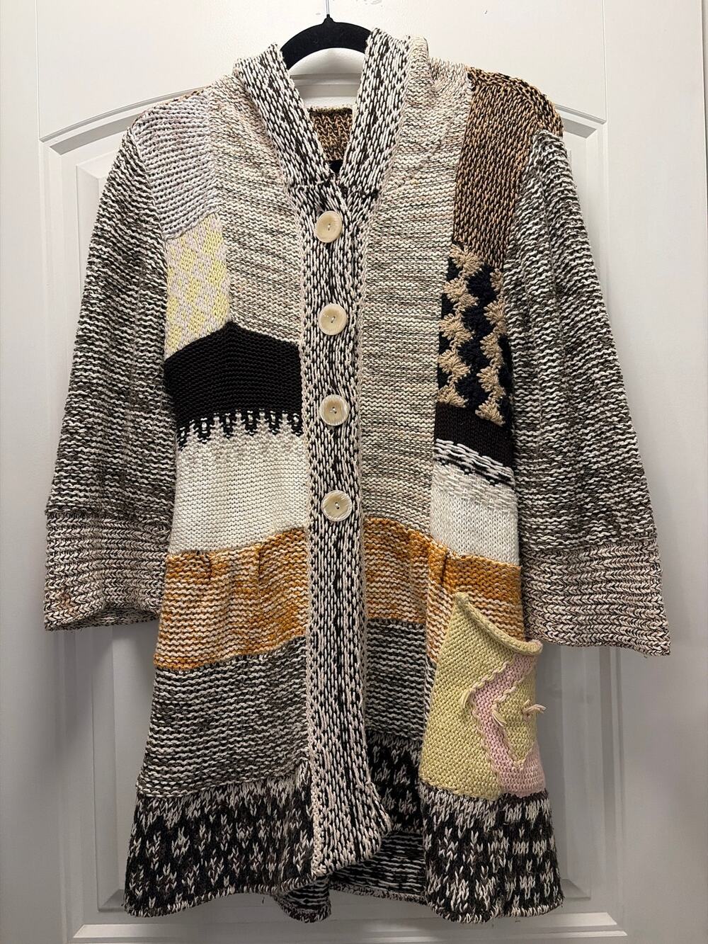 Free People Women’s Patchwork Hooded Knit Long Cardigan Sweater Size M Multi